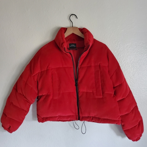 dark red puffer coat